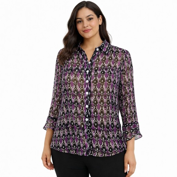 NICOLA Tops - NICOLA Size Med Sheer Geometric Print Chiffon Flare Sleeve Office Casual Blouse